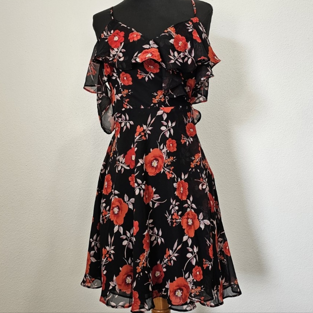 Black Floral Print Wrap Dress